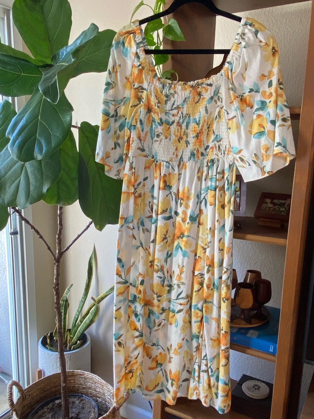 GAP White Midi Dress with Yellow Floral and Teal Leaves